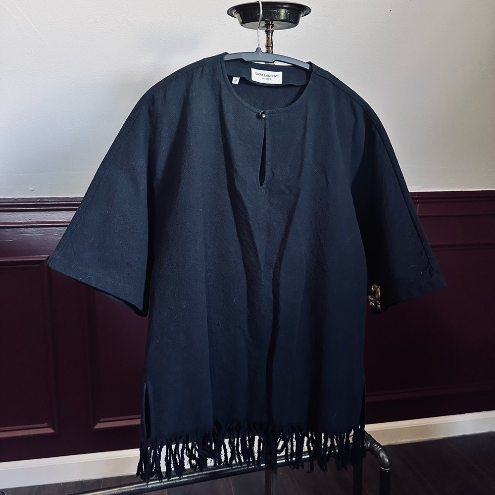 SAINT LAURENT fringe hem buttoned v-neck woven tunic shirt t-shirt Italy